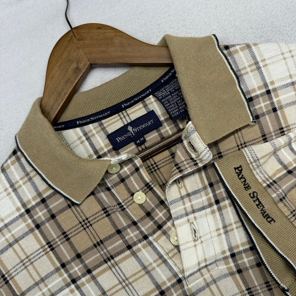 Vintage Payne Stewart Polo Shirt Mens Medium Tan Plaid Knit Golf Spellout 90s